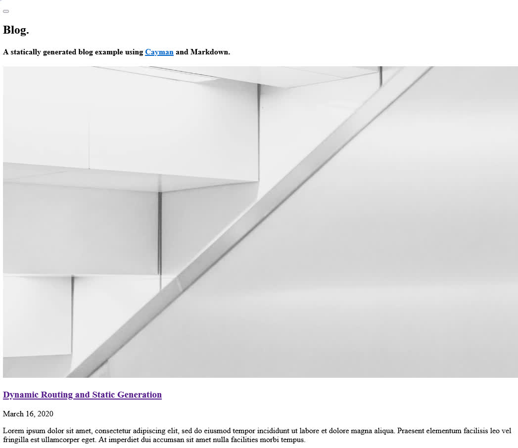 Screenshot of the example blog website rendered without its stylesheet.