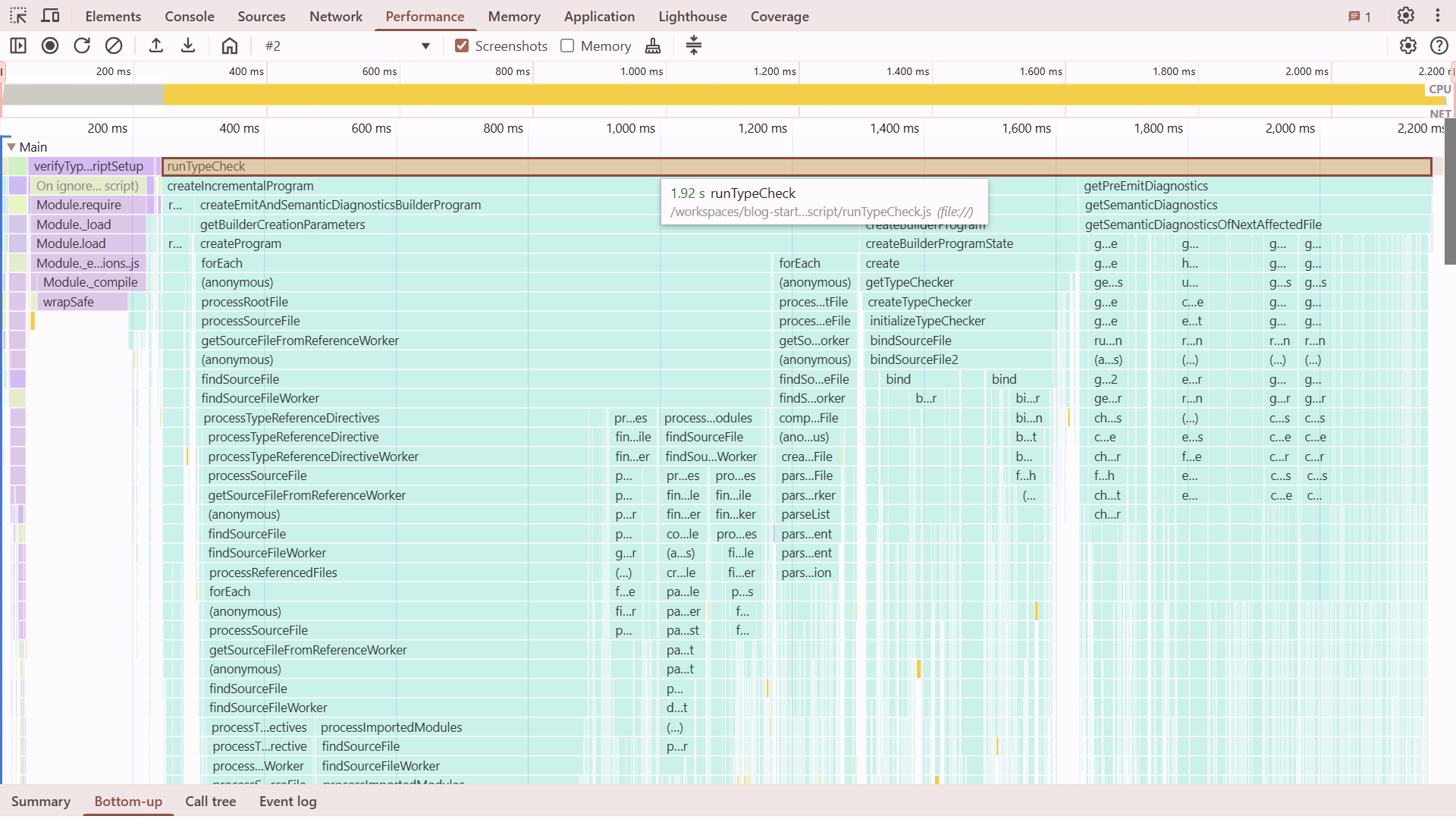Chrome DevTools CPU profile visualization - type-checking/linting worker thread.