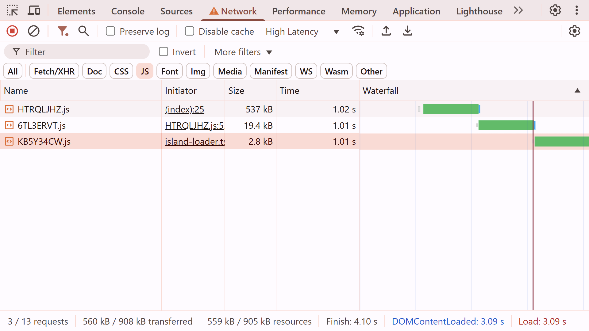 Screenshot of Chrome DevTools network tab with simulated latency of 1 second.